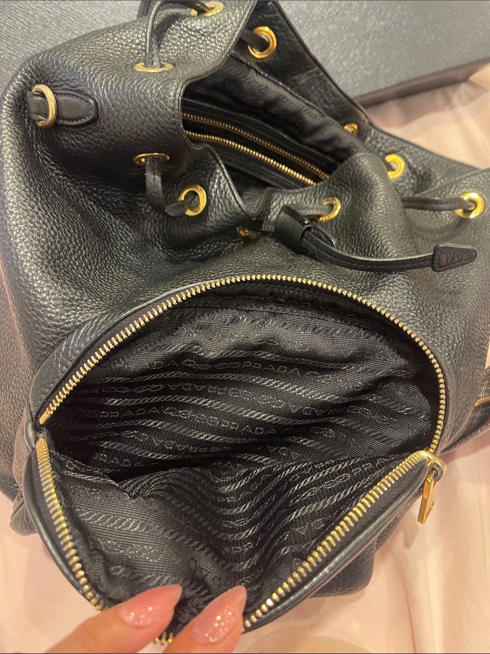 Prada Black Pebbled Leather Drawstring Backpack with Gold Hardware - Picture 5 of 6